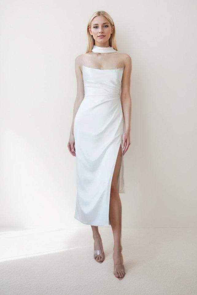 Sheath-Column Tea Length Satin Wedding Dress CW3421 - COCOMELODY
